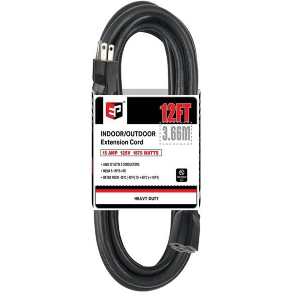 12 Ft Outdoor Extension Cord - 12/3 SJTW Heavy Duty Black Extension Cable - Picture 1 of 8